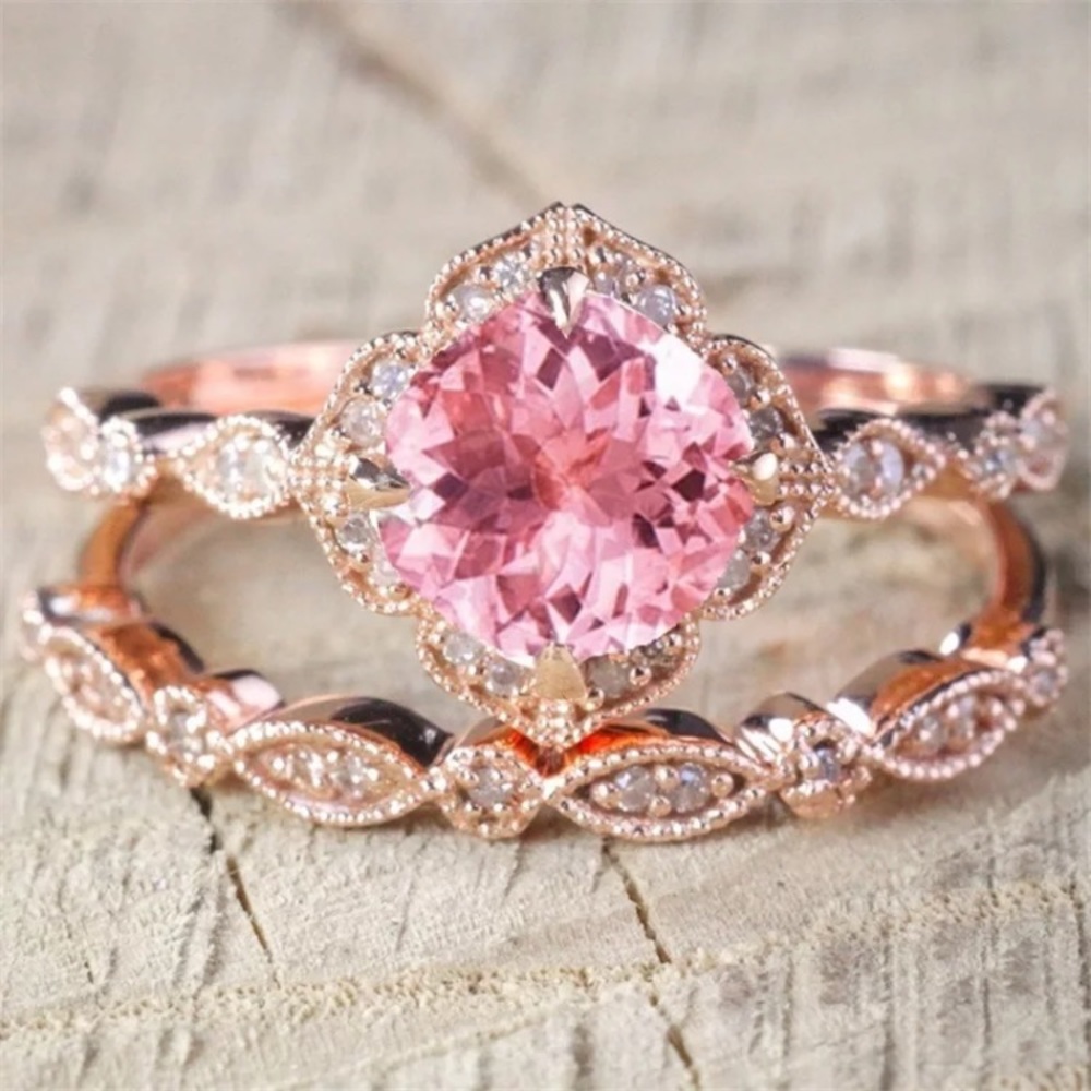 Beautiful Rose Gold Wedding 2pc Ring Set